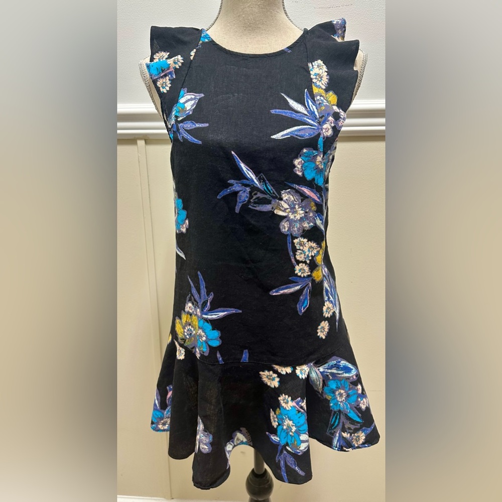 Free People Mini Dress L Black Floral Ruffled Drop Waist Tie Back Cottage Boho - Picture 2 of 10